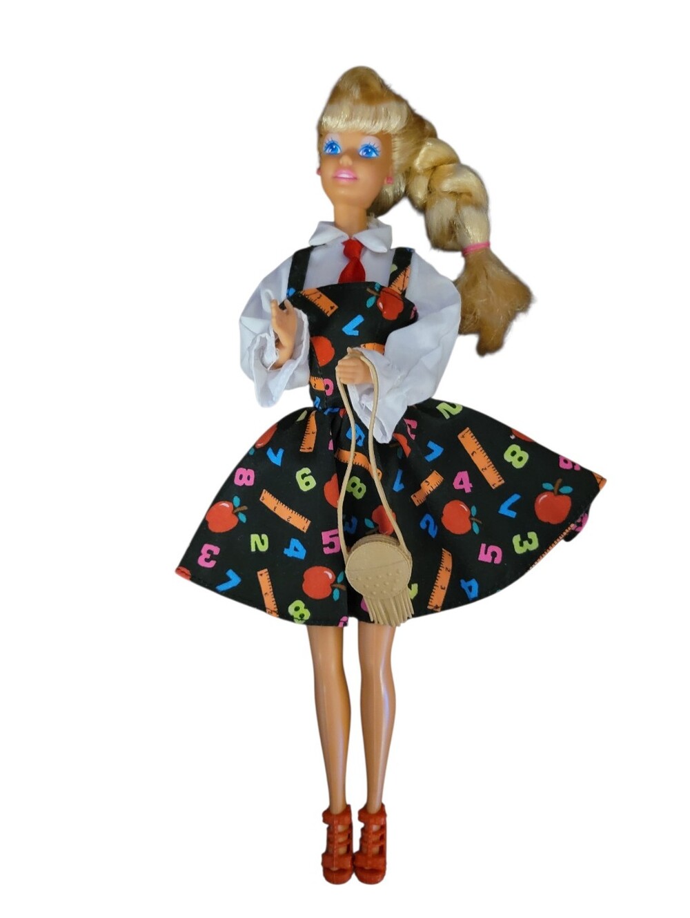 Vintage Barbie Schoolgirl Doll In Outfit - Black Print Dress with Bright Accents